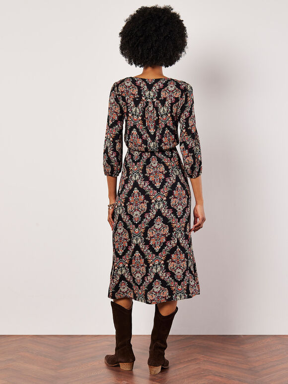 Ornate Paisley Wrap Midi Dress, Black, large