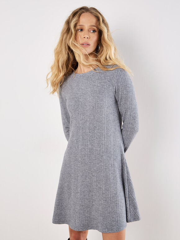 Waffle Knit Swing Mini Dress, Grey, large