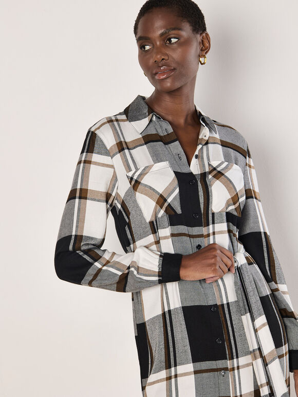 Large Check Shirt Midi Dress, White, large