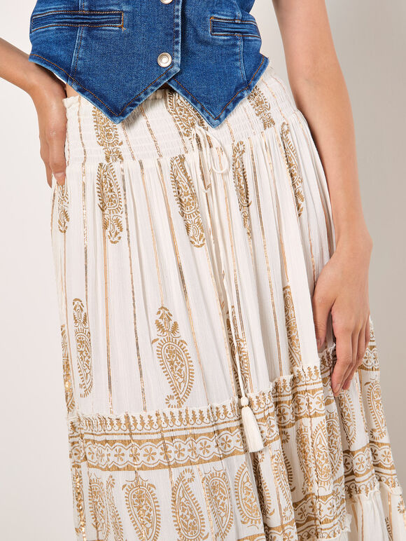 Gold Foil Paisley Tiered Maxi Skirt, Cream, large