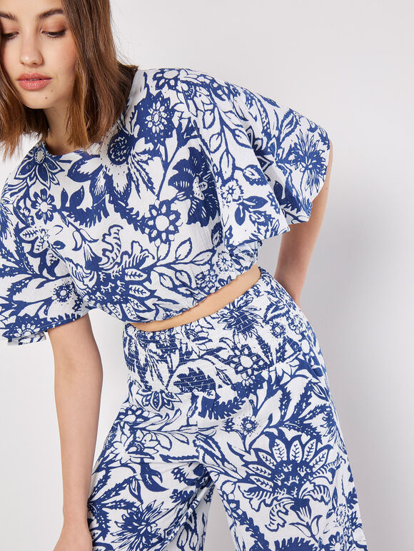 Cotton Floral Print Palazzo Trousers, Blue, large