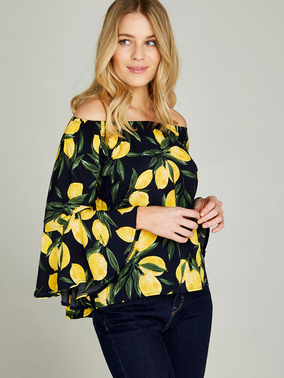 Navy Lemon Print Bardot Top, Navy, large