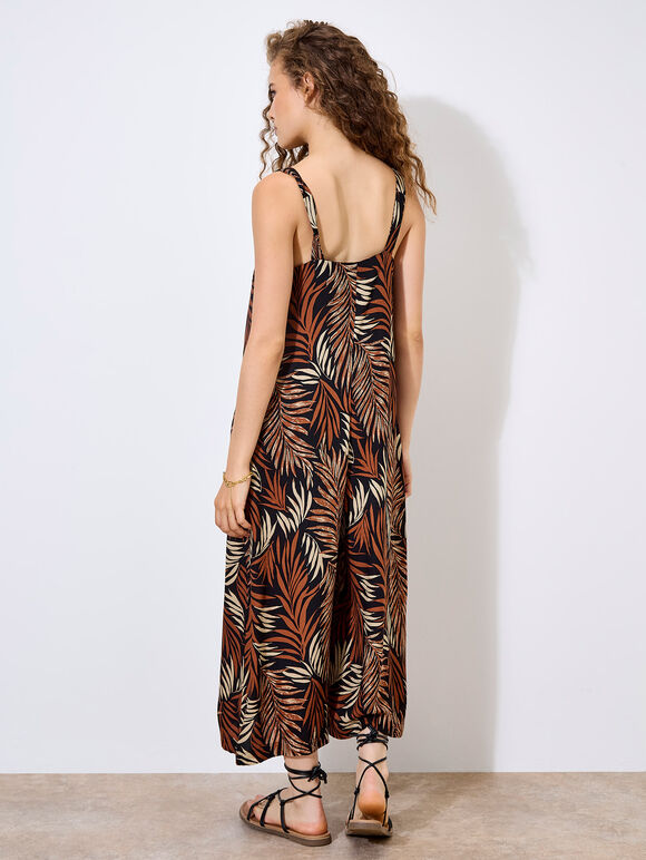 Leaf Print Wide Leg Jumpsuit, Rust, large