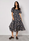 Sarasa Floral Tiered Midi Dress, Navy, large