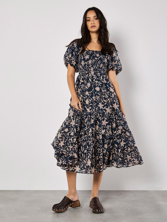 Sarasa Floral Tiered Midi Dress, Navy, large