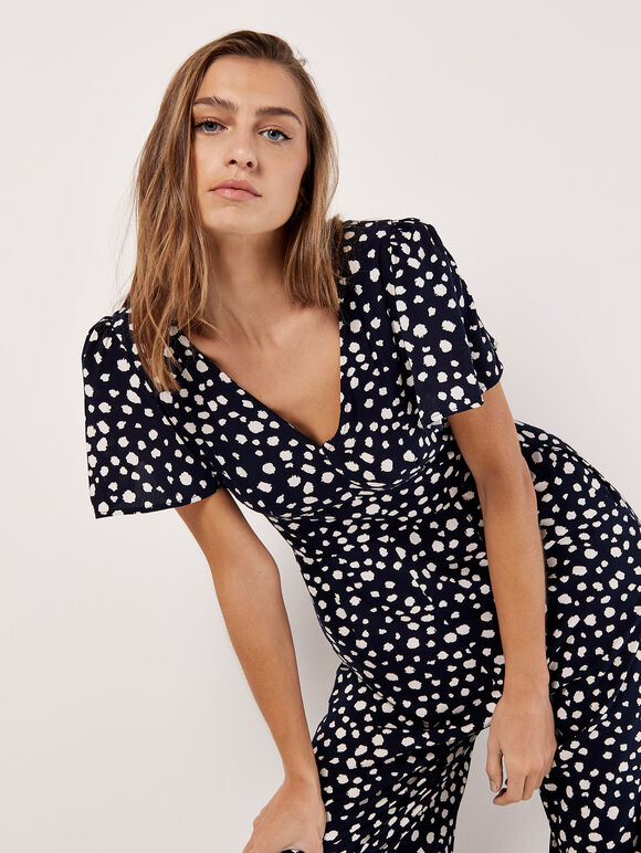 Painterly Dot Wide-Leg Jumpsuit, Navy, large