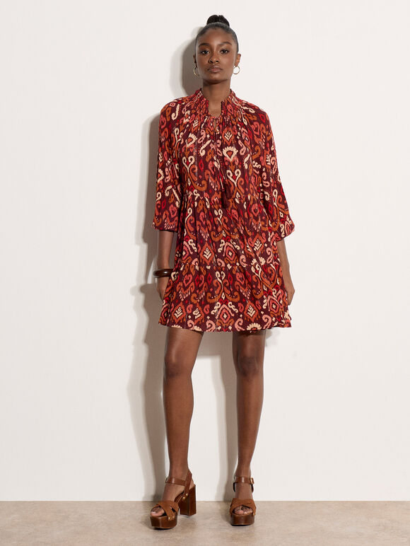 Shimmer Ikat Babydoll Midi Dress, Burgundy, large