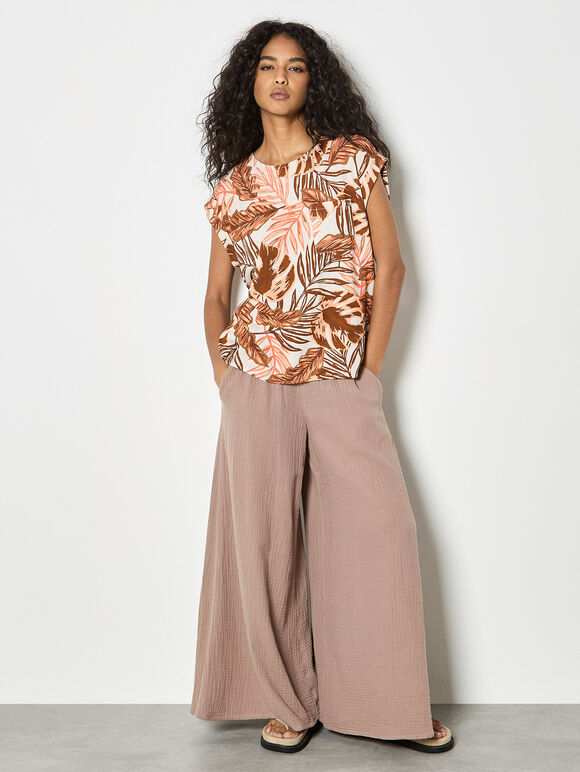 Tropical Leaf Woven T-Shirt, Brown, large