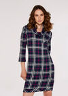 Checked Cowl Neck Dress, Navy, large
