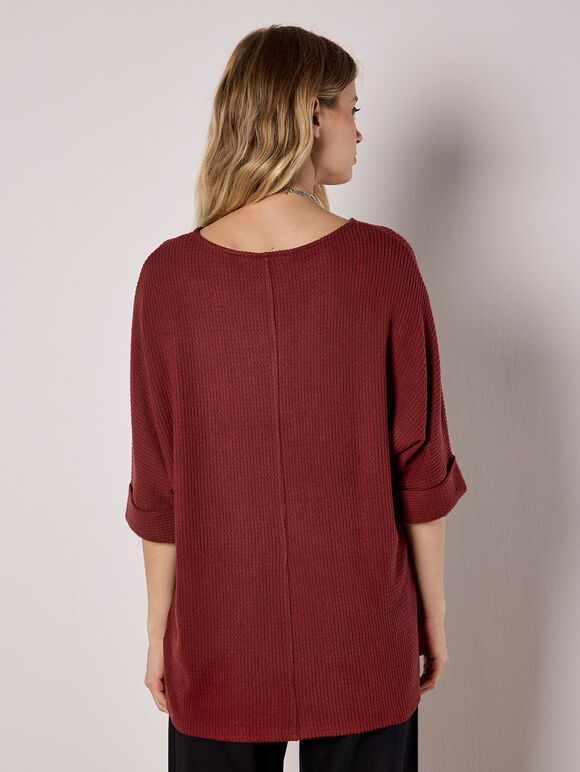 Soft-Touch Batwing Waffle Knit Top, Burgundy, large