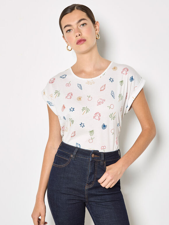 Colourful Tropical Print Jersey T-Shirt, Cream, large