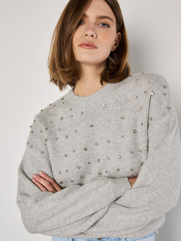 Gem Embellished Jumper, Grey, large