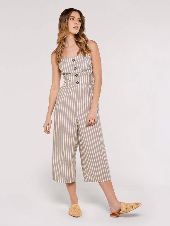 Striped Button Detailed Jumpsuit, Stone, large