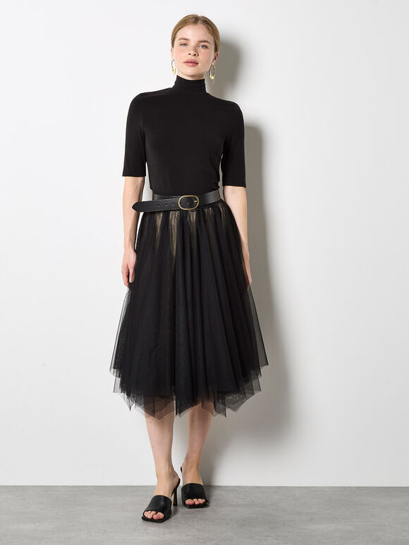 Reversible Tulle Stripe Knit Midi Skirt, Black, large