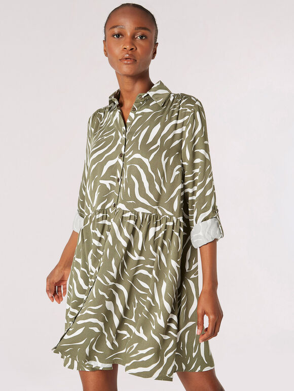 Zebra Print Shirt Mini Dress, Khaki, large