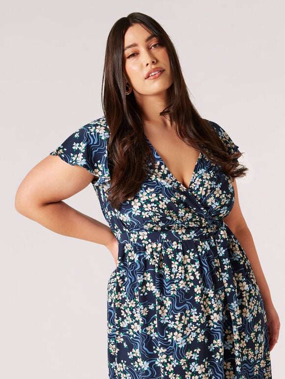 Curve Floral Swirl Wrap Midi Dress, Navy, large