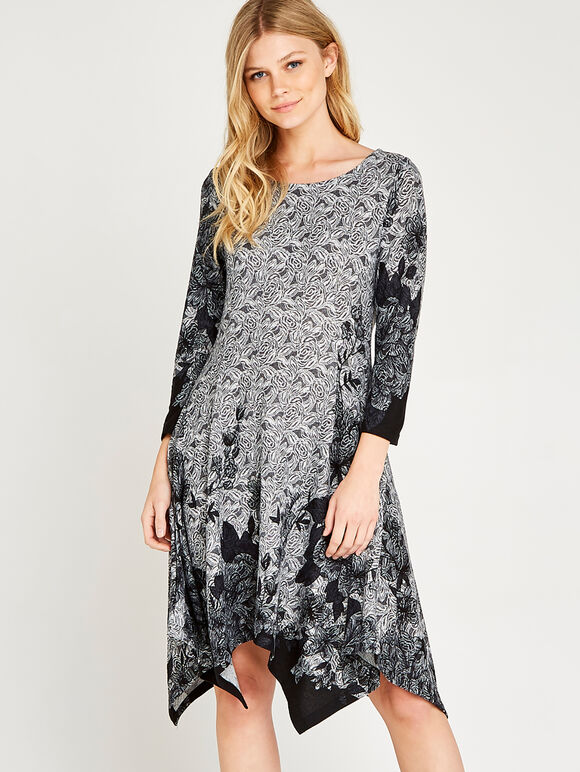 Floral Edge Hanky Hem Dress, Grey, large