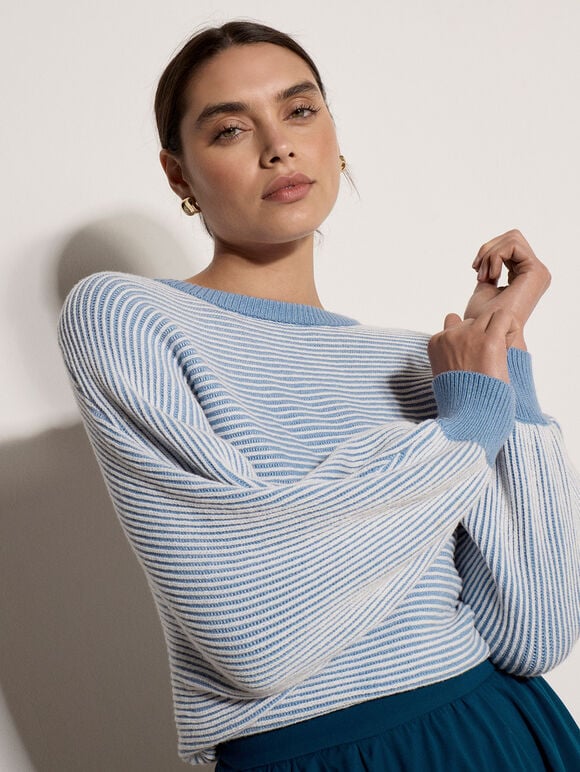 Ribbed Stripe Batwing Jumper, Blue, large
