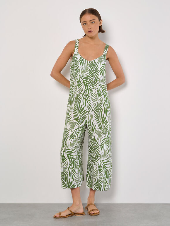 Leaf Print Wide Leg Jumpsuit, White, large