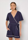 Stitch Detail Linen Blend Wrap Top, Navy, large