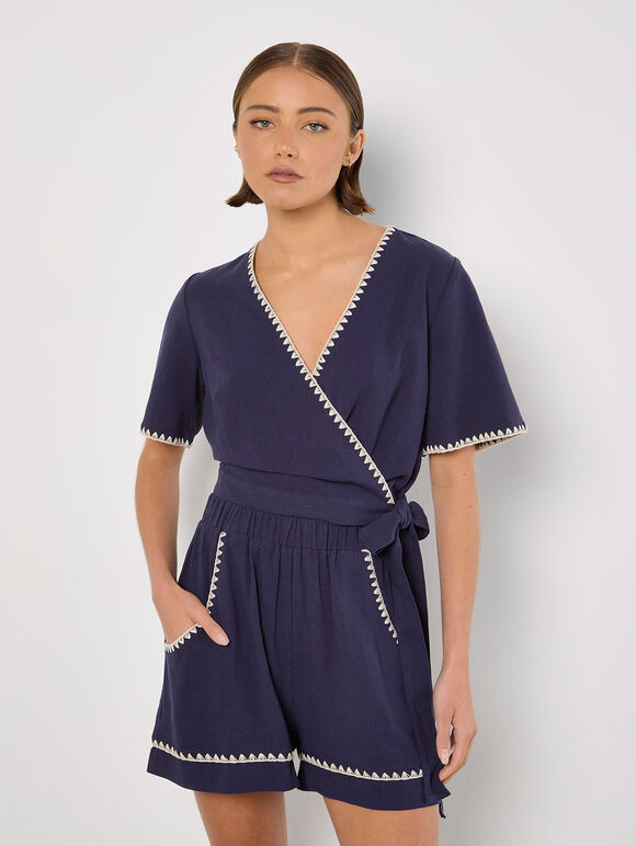 Stitch Detail Linen Blend Wrap Top, Navy, large