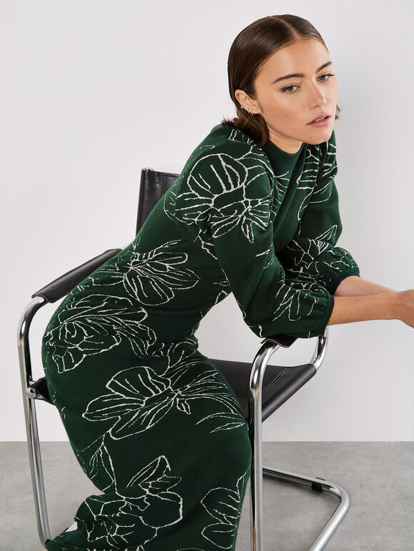 Floral Knitted Midi Dress, Green, large