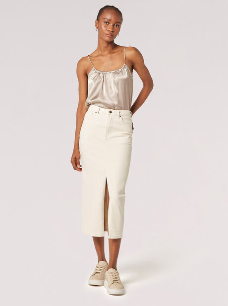 Split Seam Denim Midi Skirt