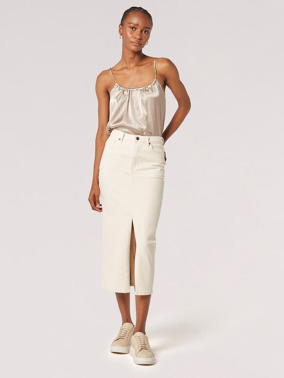 Split Seam Denim Midi Skirt, Cream, large