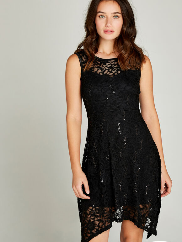 Sequin Lace Hanky Hem Skater Dress, Black, large