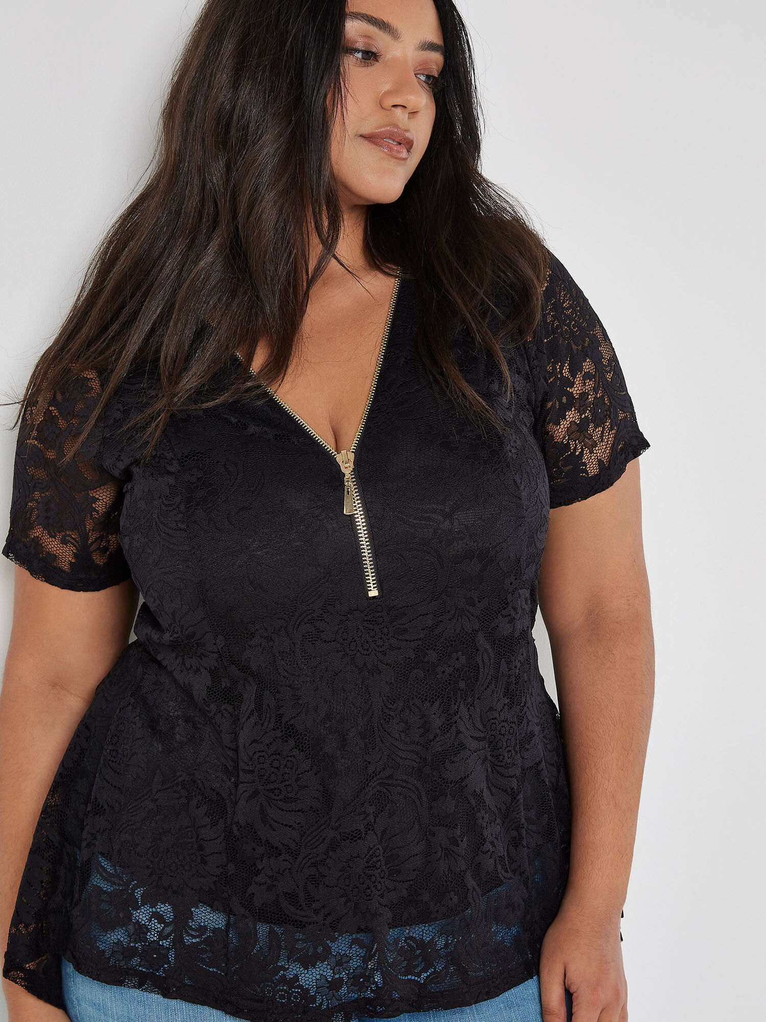 Lace Zip Front Top Apricot Clothing