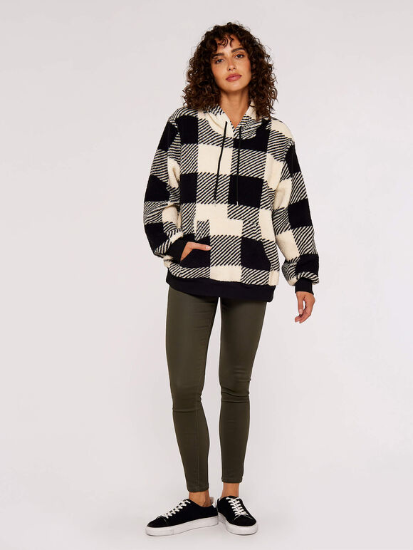 Gingham Check Fleece Hoodie, Black, large