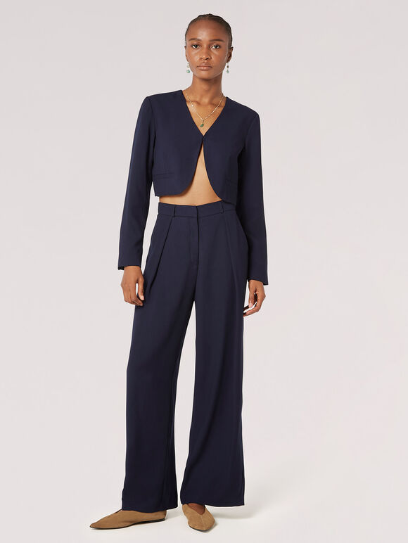 Pleat Detail Soft Tailored Trousers, Navy, large