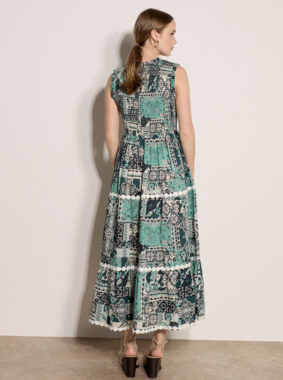 Patchwork Scarf Smocked Cotton Maxi Dress