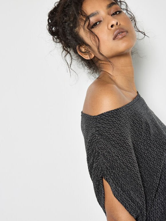 One-Shoulder Asymmetric Sparkle Top, Black, large