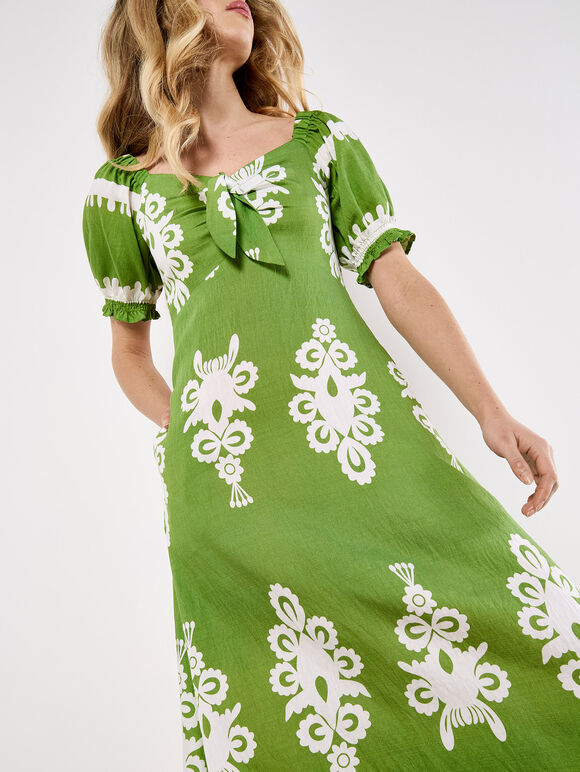 Folk Floral Print Midi Dress, Green, large