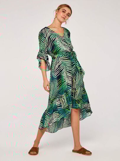 Tropical Leaf Ruffle Midi Dress