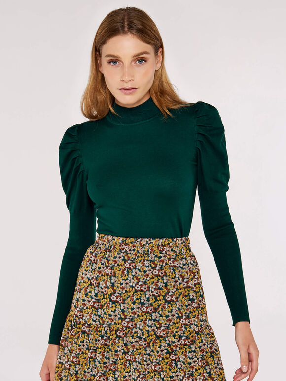 Ruched Shoulder Fitted Jumper, Green, large