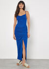 Ruched Ribbed Bodycon Midi Dress, Blue, large