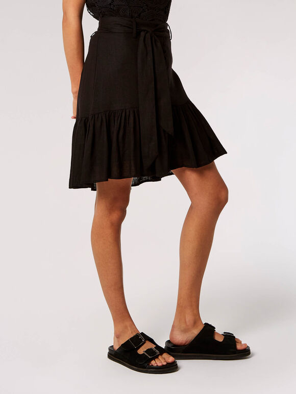 Linen Blend Button-Down Mini Skirt, Black, large