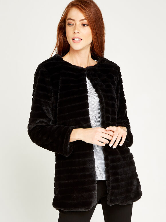 Self Stripe Faux Fur Jacket, Black, large