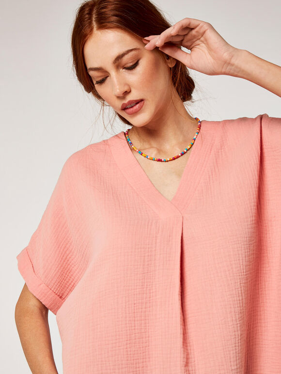 Textured Cotton Pleat Front Top, Pink, large