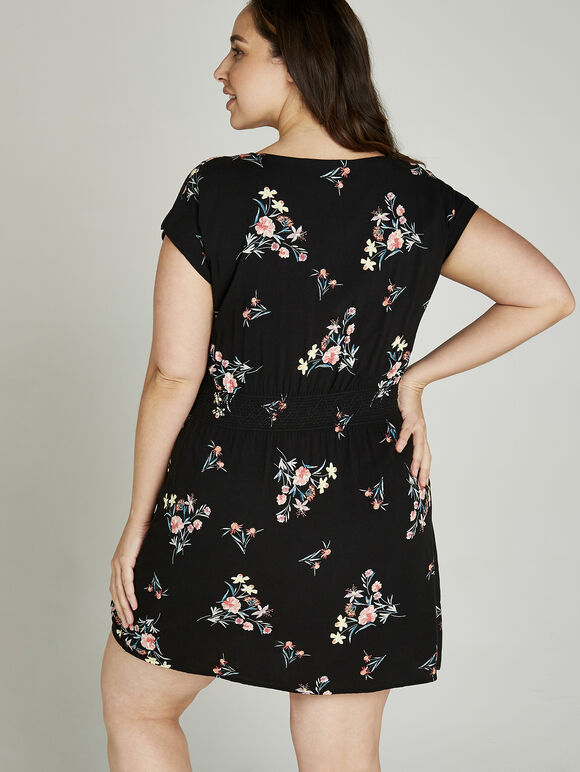 Floral Bunches Shirred Waist Dress +, Black, large