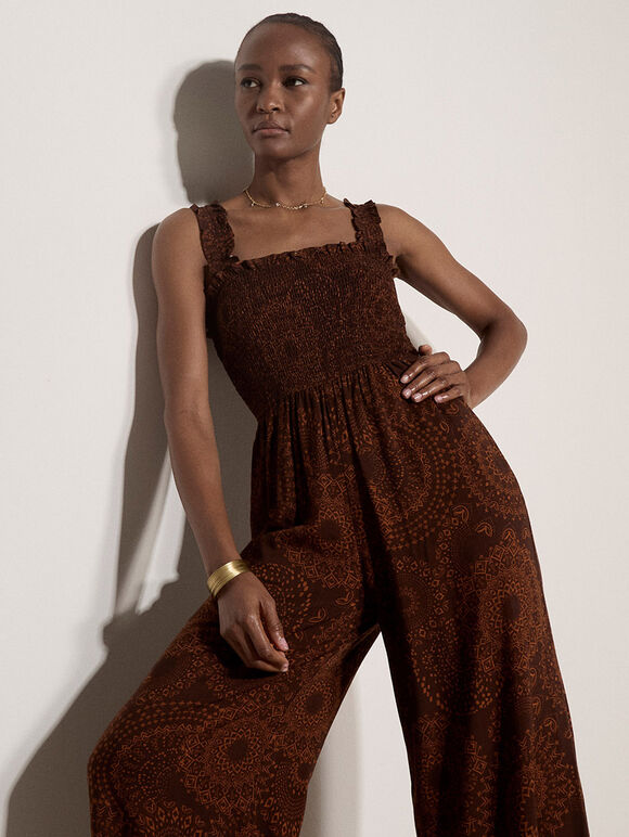 Kaleidoscope Shirred Wide-Leg Jumpsuit, Brown, large