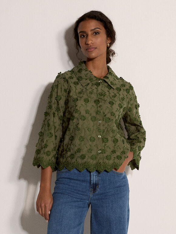 Applique Flowers Cropped Shirt, Khaki, large