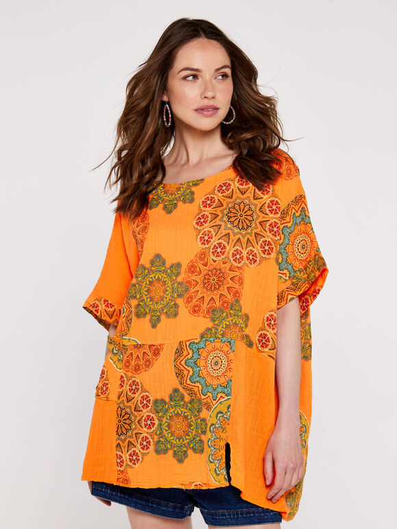 Mandala Panel Oversized Top, Orange, large