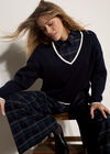 Cable Knit Tipped Cricket Jumper, Navy, large