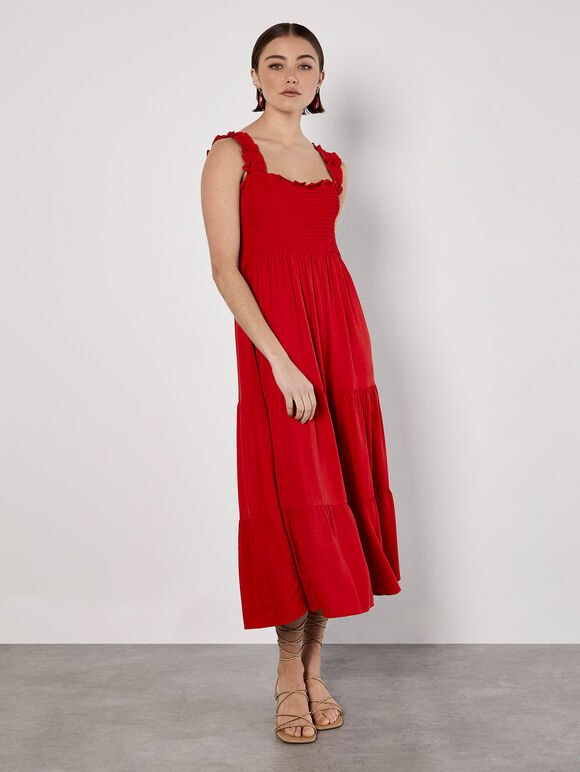 Smock Tiered Midi Dress, Red, large