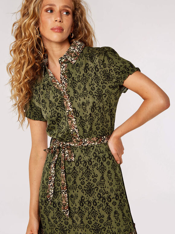 Ikat Tile Shirt Mini Dress, Khaki, large