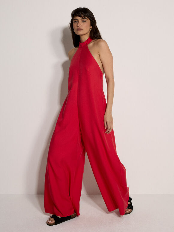 Halter Neck Wide-Leg Jumpsuit, Red, large