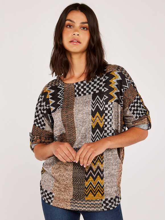 Chevron Patchwork Batwing Top, Mustard, large